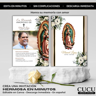 Plantilla de invitación de funeral doble cara en español con Virgen de Guadalupe, diseño floral elegante y moderno, editable en Canva, incluye frente con información del servicio y reverso decorativo con nombre personalizado / Double-sided Spanish funeral invitation template featuring Virgin of Guadalupe, elegant floral design, editable in Canva, includes front with service details and matching decorative back design.