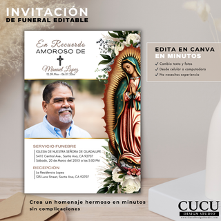 Invitación de funeral editable en Canva en español con diseño religioso de Virgen de Guadalupe, fácil de personalizar con texto y fotos, ideal para homenajes elegantes y servicios con temática católica / Editable Spanish funeral invitation template in Canva with Virgin of Guadalupe design, easy to customize text and photos, perfect for elegant memorials and Catholic funeral services.