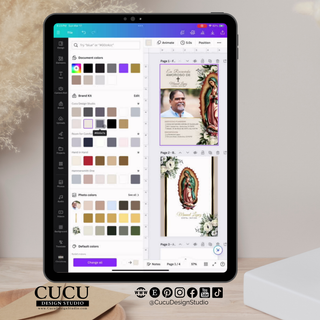 Plantilla de invitación de funeral en español editándose en Canva desde tablet, diseño elegante con Virgen de Guadalupe, opciones de colores y páginas múltiples, fácil de personalizar con foto y texto, descarga digital inmediata / Spanish funeral invitation template being edited in Canva on tablet, elegant Virgin of Guadalupe design, color palette and multi-page layout, easy to customize with photo and text, instant digital download.