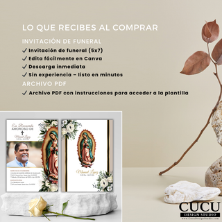 Detalles del producto de invitación de funeral en español, incluye plantilla 5x7 editable en Canva, descarga digital inmediata y archivo PDF con instrucciones para acceder y editar / Spanish funeral invitation product details, includes 5x7 Canva editable template, instant digital download and PDF instructions for access and editing.