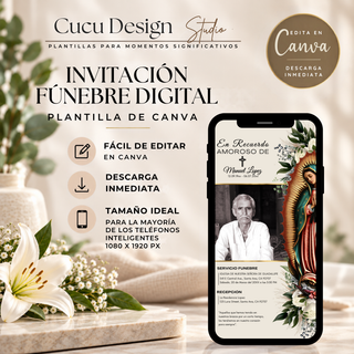 Invitación fúnebre digital editable en Canva, diseño elegante con Virgen de Guadalupe y fotografía de recuerdo, tamaño 1080 x 1920 px para compartir desde el celular.