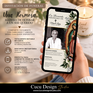 Invitación de funeral digital en Canva con Virgen de Guadalupe y fotografía conmemorativa, ideal para compartir con familiares y amigos desde cualquier dispositivo.