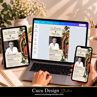 Plantilla de invitación fúnebre editable en Canva mostrada en laptop, tablet y teléfono, diseño con Virgen de Guadalupe y fotografía de homenaje.