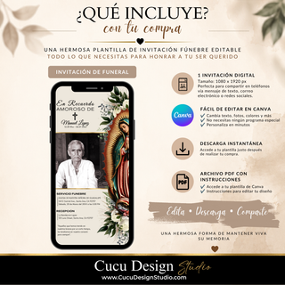 Qué incluye la invitación fúnebre digital: plantilla editable en Canva, descarga instantánea y archivo PDF con instrucciones para personalizar y compartir.