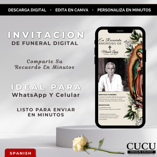 Invitación de funeral digital elegante mostrada en un teléfono móvil con diseño floral y Virgen, ideal para compartir por WhatsApp. / Elegant digital funeral invitation displayed on a smartphone featuring floral design and Virgin image, ideal for sharing via WhatsApp.