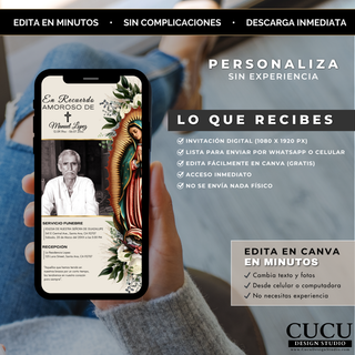 Plantilla editable de invitación funeral en celular sostenido en mano, mostrando detalles del servicio y diseño elegante religioso. / Editable funeral invitation template shown on a phone held in hand, displaying service details with an elegant religious design.