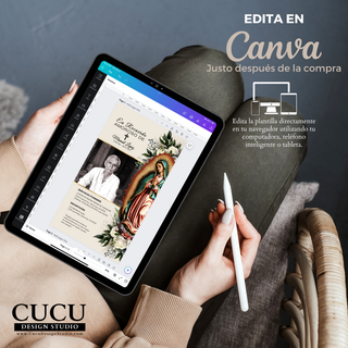 Vista de la plantilla de invitación funeral abierta en Canva en una tablet, mostrando facilidad de edición desde cualquier dispositivo. / Funeral invitation template open in Canva on a tablet, showing easy editing from any device.