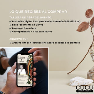 Imagen informativa de lo que incluye la compra de la invitación digital, destacando descarga inmediata y edición fácil en Canva. / Informational image showing what is included with the digital invitation purchase, highlighting instant download and easy Canva editing.