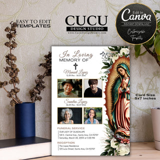 Two person funeral card, tarjeta funebre para dos personas, Catholic duo funeral card template, editable celebration of life for two family members,  funeral service card for two family members, Canva funeral template for two people, Virgen Mary funeral announcement, cucu design studio