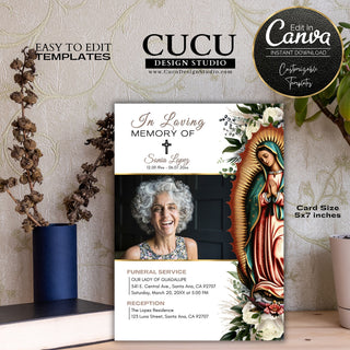Virgen Mary, Virgen de Guadalupe, Funeral card template, funeral announcement, Catholic funeral card, celebration of life, sympathy card, funeral service announcement, in loving memory, en memoria de, anuncio de funeral Virgen de Guadalupe, Customizable funeral cards, Plantilla de funeral, cucu design studio