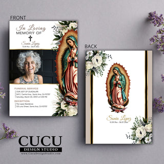 Double sided funeral announcement card, editable celebration of life card, template funeral card, Canva funeral card, plantillas Canva funeral, en memoria de, en paz descanse, Catholic funeral card, in loving memory, Virgen Mary card, Rest in peace, cucu design studio