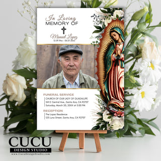 Double sided funeral announcement card, editable celebration of life card, template funeral card, Canva funeral card, plantillas Canva funeral, en memoria de, en paz descanse, Catholic funeral card, in loving memory, Virgen Mary card, Rest in peace, cucu design studio