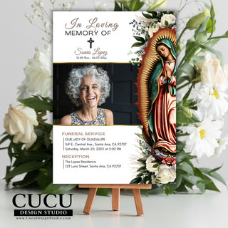 Virgen Mary, Virgen de Guadalupe, Funeral card template, funeral announcement, Catholic funeral card, celebration of life, sympathy card, funeral service announcement, in loving memory, en memoria de, anuncio de funeral Virgen de Guadalupe, Customizable funeral cards, Plantilla de funeral, cucu design studio