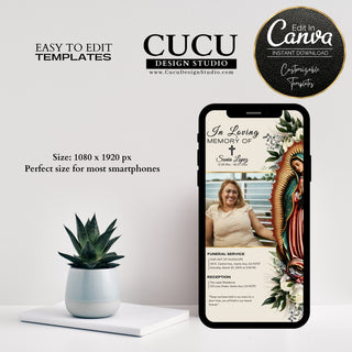 Digital funeral card, evite funeral announcement, spanish digital funeral card, evite en Espanol, en memoria de, velorio, funeral service template, funeral service cards, funeral template, funeral editable template, predesign funeral cards, canva funeral printable cards, cucu design, cucu design studio