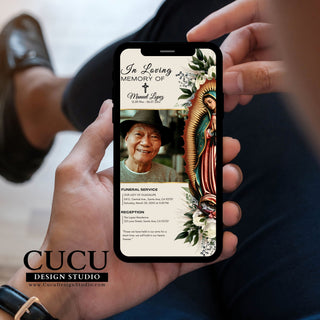 La Virgen Maria, Our Lady of Guadalupe card, La Virgencita Maria tarjetas imprimibles, celebration of life,  in loving memory,  customizable funeral service card, customizable funeral service template, mobile funeral card, invitacion a funeral tarjeta Mobil, smartphone funeral cards, smartphone funeral templates, cucu design studio