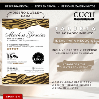Tarjeta de agradecimiento para negocio pequeño en Canva, plantilla editable tamaño 5x7 pulgadas, diseño elegante en negro y dorado, descarga digital instantánea, tarjeta doble cara para clientes con logo y redes sociales / Small business thank you card Canva template, editable 5x7 inch design, elegant black and gold style, instant digital download, double sided card for customers with logo and social media.