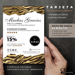 Plantilla de tarjeta de agradecimiento editable en Canva mostrada en mano, diseño moderno 5x7 pulgadas, ideal para negocios pequeños, tarjeta personalizada con logo, redes sociales y mensaje de agradecimiento. / Editable thank you card Canva template shown in hand mockup, modern 5x7 design, perfect for small business branding, customizable card with logo, social media and thank you message.