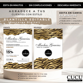 Tarjeta de agradecimiento para negocio pequeño plantilla Canva editable 5x7 pulgadas diseño elegante negro y dorado doble cara con logo redes sociales descarga digital / Small business thank you card Canva template editable 5x7 inch elegant black and gold design double sided with logo social media instant download