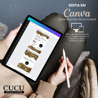 Edición de tarjeta de agradecimiento en Canva desde computadora o tablet, plantilla digital fácil de usar, personaliza en minutos sin experiencia, ideal para emprendedores. / Editing thank you card in Canva on tablet or computer, easy to use digital template, customize in minutes with no experience, ideal for small business owners.