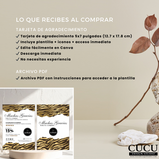 Lo que recibes al comprar plantilla de tarjeta de agradecimiento, archivo digital con acceso inmediato, diseño editable en Canva tamaño 5x7 pulgadas para negocios pequeños. / What you receive with thank you card template purchase, instant access digital file, editable Canva design in 5x7 size for small business use.