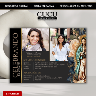 Invitación funeral editable en Canva con diseño elegante negro y dorado, tarjeta memorial con Virgen de Guadalupe, plantilla digital para personalizar en minutos / Editable funeral invitation Canva template with elegant black and gold design, Virgen de Guadalupe memorial card, digital template easy to customize in minutes