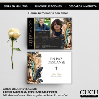 Invitación funeral editable en Canva mostrando frente y reverso, diseño católico con Virgen de Guadalupe, tarjeta memorial personalizada con foto y detalles del servicio / Editable funeral invitation showing front and back, Catholic Virgen de Guadalupe design, personalized memorial card with photo and service details
