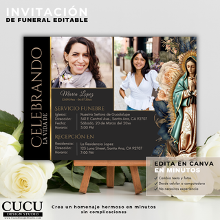 Invitación funeral editable en Canva mostrando frente, diseño católico con Virgen de Guadalupe, tarjeta memorial personalizada con foto y detalles del servicio / Editable funeral invitation showing front, Catholic Virgen de Guadalupe design, personalized memorial card with photo and service details