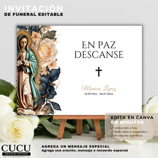 Tarjeta memorial reverso con mensaje En paz descanse, diseño elegante con Virgen de Guadalupe, plantilla editable en Canva para homenaje funerario / Memorial card back design with “En paz descanse” message, elegant Virgen de Guadalupe template editable in Canva for funeral tribute