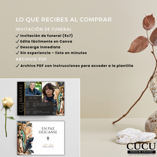 Invitación de funeral tamaño 5x7 en español con plantilla editable en Canva y archivo PDF con instrucciones de acceso
