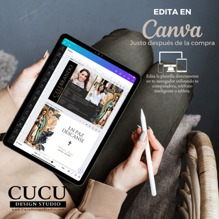 Plantilla de invitación funeral editable en Canva desde tablet, diseño fácil de personalizar con fotos y texto, descarga digital inmediata / Funeral invitation template editable in Canva on tablet, easy to customize with photos and text, instant digital download