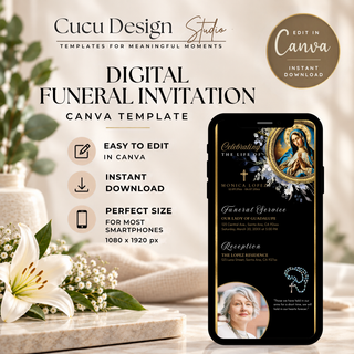 Digital Funeral Invitation Canva template shown on a smartphone mockup with promotional text, including editable in Canva instant download, easy to edit, instant download, and perfect size for most smartphones 1080 x 1920 px. The design features a black background with gold and white text and religious imagery.