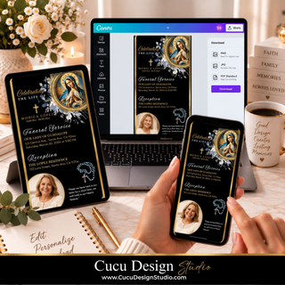 A digital printable invitation template shown on a laptop, tablet, and phone held in a person's hand, arranged on a styled desk with flowers, books, and a coffee mug. The template features a gold and black design with an oval religious portrait and decorative script text.