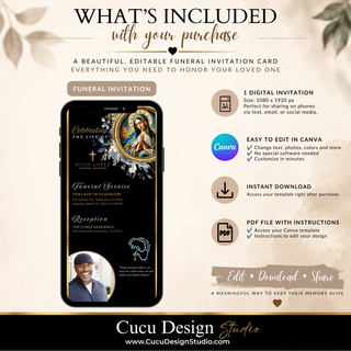 Promotional graphic for a digital Canva funeral invitation template, showing a phone mockup with the invitation design and text listing included features such as editable design, 1 digital invitation, easy editing in Canva, instant download, and PDF file with instructions. Brand name Cucu Design Studio is visible at the bottom.