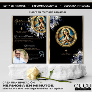 Invitación de funeral editable en Canva con diseño frente y reverso, estilo religioso con Virgen María, colores negro, azul y dorado