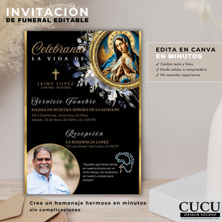 Plantilla de invitación de funeral en español con cruz, flores y marco dorado, diseño elegante para honrar la memoria de un ser querido