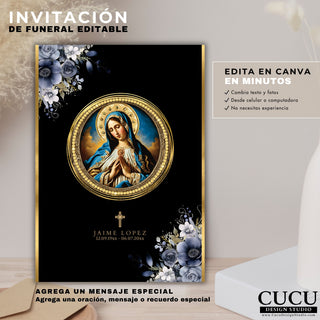 invitación de funeral católica editable con espacio para mensaje, oración y foto, diseño sofisticado con detalles dorados