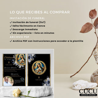 Invitación de funeral tamaño 5x7 en español con plantilla editable en Canva y archivo PDF con instrucciones de acceso
