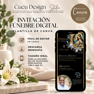 Invitación fúnebre digital editable en Canva con diseño negro y dorado, imagen de la Virgen de Guadalupe y fotografía conmemorativa, formato 1080 x 1920 px.