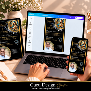 Plantilla de invitación fúnebre digital editable en Canva mostrada en laptop, tablet y teléfono, con diseño negro y dorado, Virgen de Guadalupe y fotografía de homenaje.
