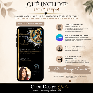 Qué incluye la invitación fúnebre digital: plantilla editable en Canva, formato 1080 x 1920 px, descarga instantánea y archivo PDF con instrucciones.