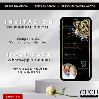 Invitación de funeral digital en fondo negro con detalles dorados y Virgen de Guadalupe, mostrada en celular con diseño elegante y moderno. /
 Digital funeral invitation with black background, gold details, and Virgin of Guadalupe, displayed on a smartphone with an elegant modern design.