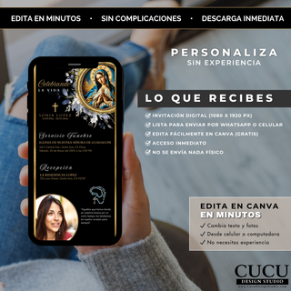 Plantilla editable de invitación funeral mostrada en mano con celular, destacando diseño negro elegante con elementos religiosos y detalles dorados. / Editable funeral invitation template shown in hand on a smartphone, featuring an elegant black design with religious elements and gold accents.