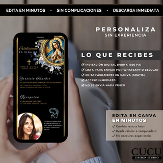 Invitación digital de funeral en celular con diseño sofisticado negro y dorado, mostrando información del servicio y foto personalizada. / Digital funeral invitation on a smartphone with a sophisticated black and gold design, showing service details and personalized photo.