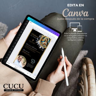 Plantilla de invitación abierta en Canva en tablet, demostrando la facilidad de edición desde cualquier dispositivo. /  Invitation template open in Canva on a tablet, demonstrating easy editing from any device.
