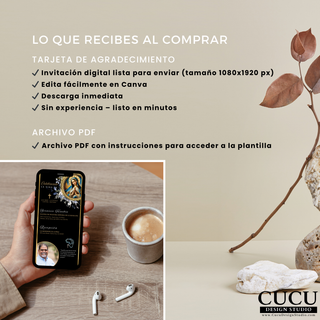Imagen informativa que muestra lo que incluye la compra, destacando descarga inmediata y edición sencilla en Canva. / Informational image showing what is included with the purchase, highlighting instant download and easy editing in Canva.