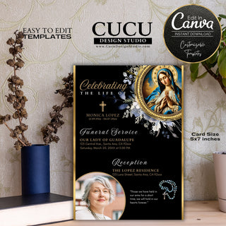 English memoria de, misa para difuntos invitacion, invitacion para funeral, Virgen Mary celebration of life, Virgen Mary in loving memory, Virgen Mary Sympathy template, Virgen Mary Sympathy template, Canva funeral templates, Spanish Canva funeral templates, Canva Virgen Mary funeral Card, Canva Our Lady of Guadalupe Spanish Template, Cucu Design Studio, Celebracion de Misa para difunto, Cucu Design Studio, CucuDesignStudio.com