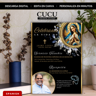 Invitación de funeral en español con diseño elegante negro y dorado, Virgen de Guadalupe, flores y foto personalizada, plantilla editable en Canva con descarga inmediata