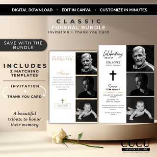 Editable funeral invitation and thank you card Canva template bundle featuring a modern memorial design with photo collage layout, printable and digital download. /
ES: Paquete de plantilla editable en Canva para invitación funeral y tarjeta de agradecimiento con diseño memorial moderno, collage de fotos, imprimible y descarga digital.