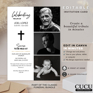 Editable funeral invitation card Canva template with elegant photo collage, memorial service details, printable celebration of life invitation design. /
ES: Plantilla editable en Canva para invitación funeral con elegante collage de fotos, detalles del servicio memorial y diseño imprimible para celebración de vida.