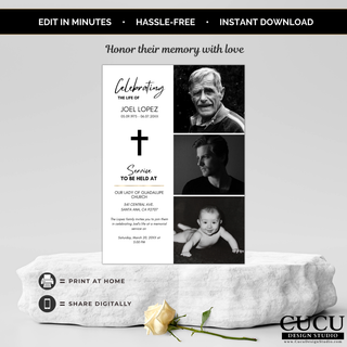 Modern celebration of life invitation template featuring multiple photos, customizable text, printable memorial announcement and digital sharing option. 

ES: Plantilla moderna para invitación de celebración de vida con múltiples fotos, texto personalizable, anuncio memorial imprimible y opción para compartir digitalmente.